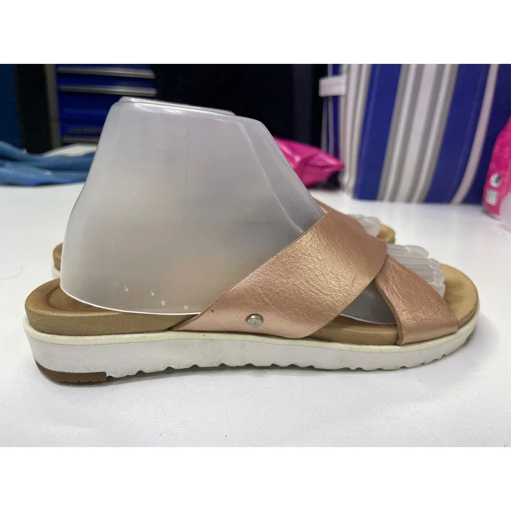 UGG Kari Metallic Rose Gold Cross Strap Slide Sandals 1092669 Womens 8.5